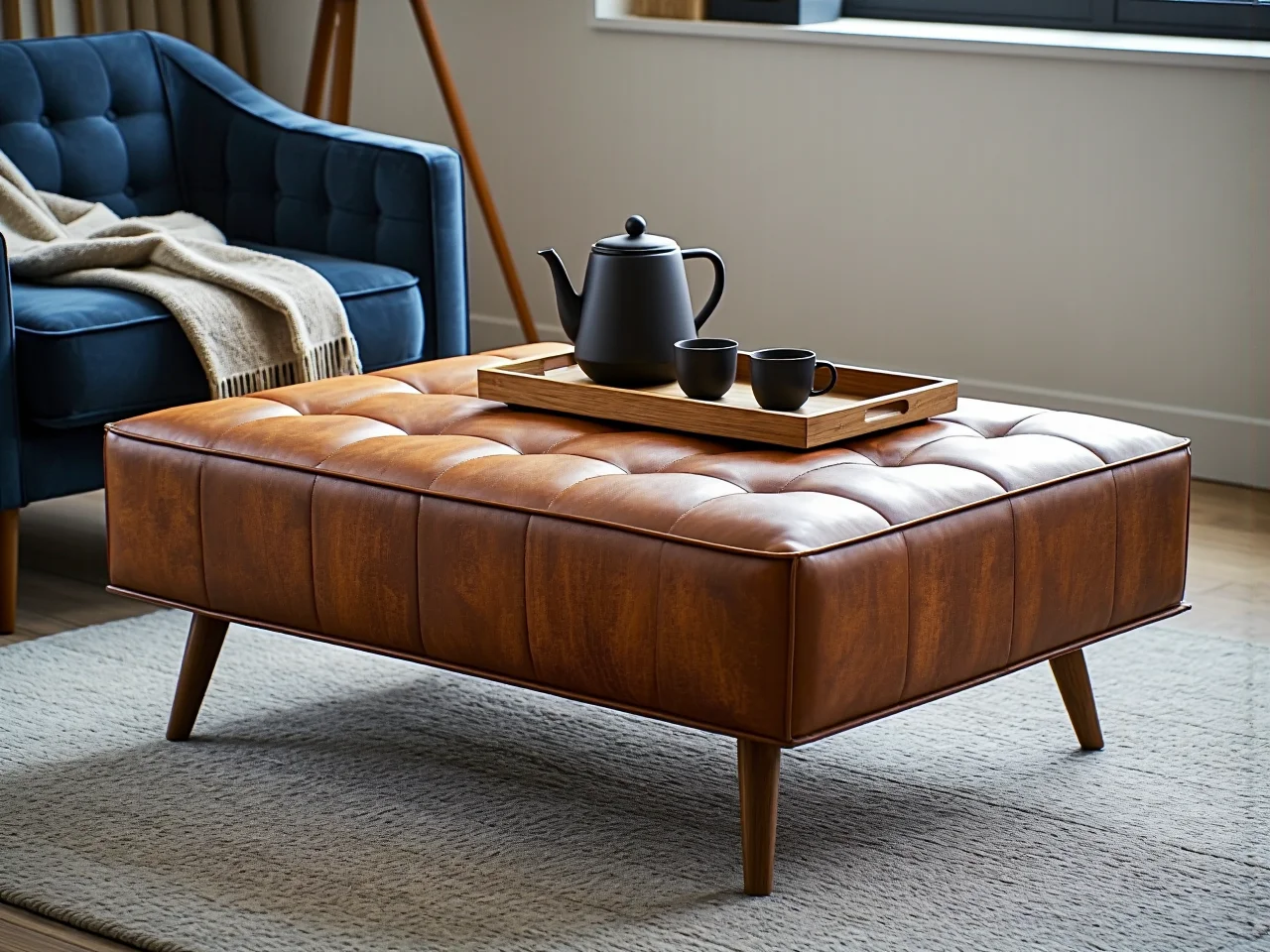 Zbliżenie na fakturę materiału pufy podczas sprawdzania jakości i wymiarów przed zakupem