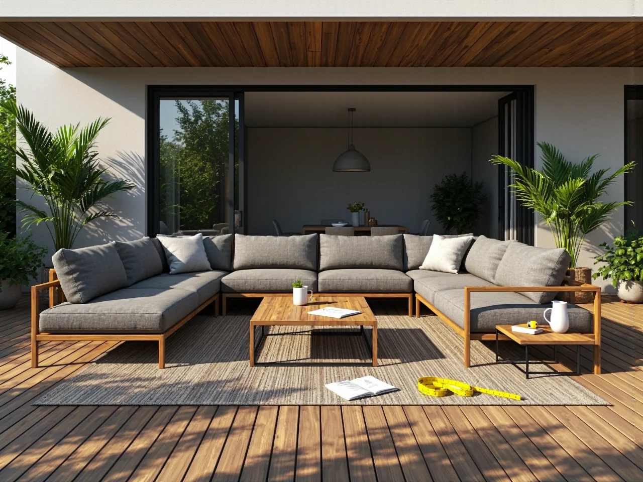 Narożny zestaw wypoczynkowy ogrodowy drewniany z szarymi poduszkami