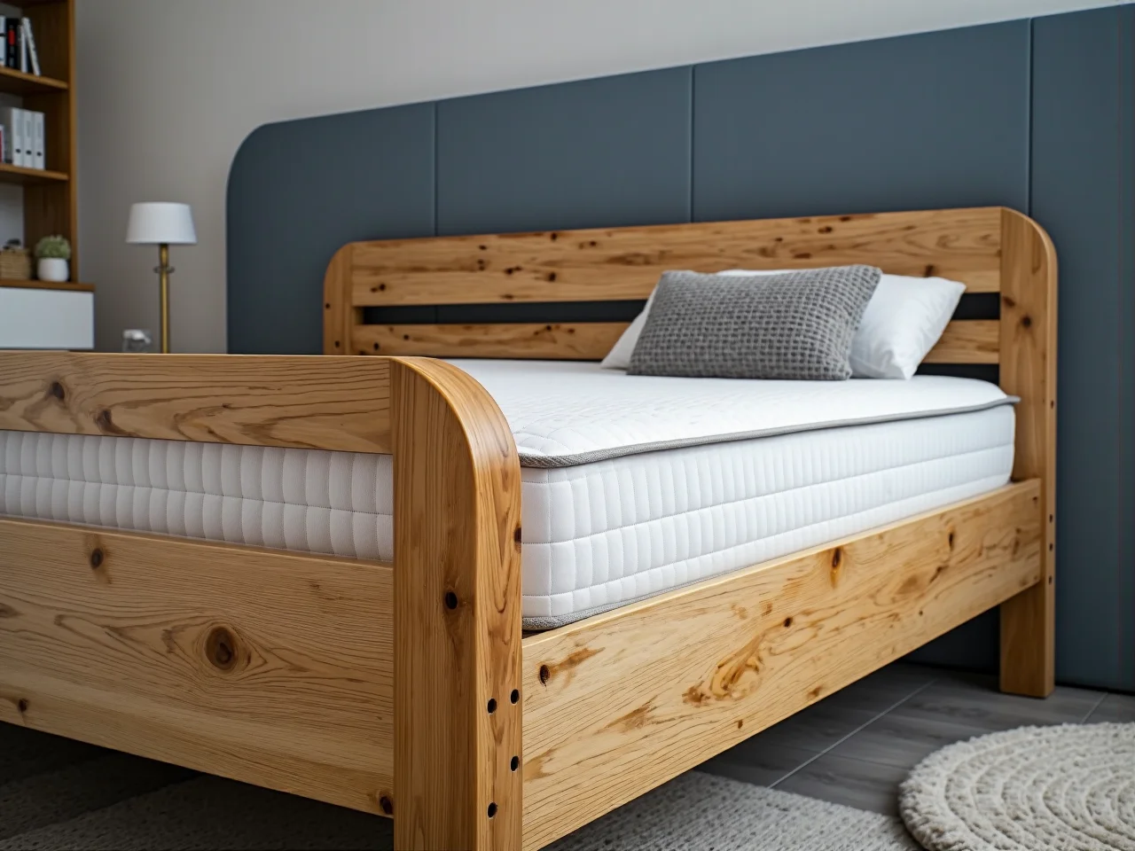 Nowoczesne łóżko do pokoju dziecka z szufladami na pościel i zabawki, oszczędzające miejsce.