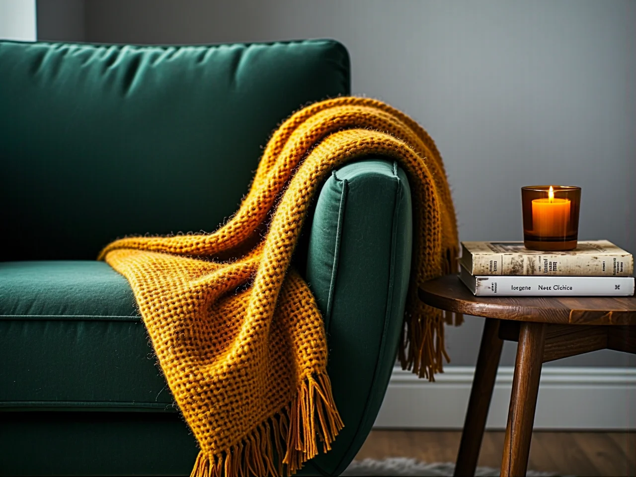 Zbliżenie na jesienne tkaniny, takie jak wełniany koc w kratę na fotelu.