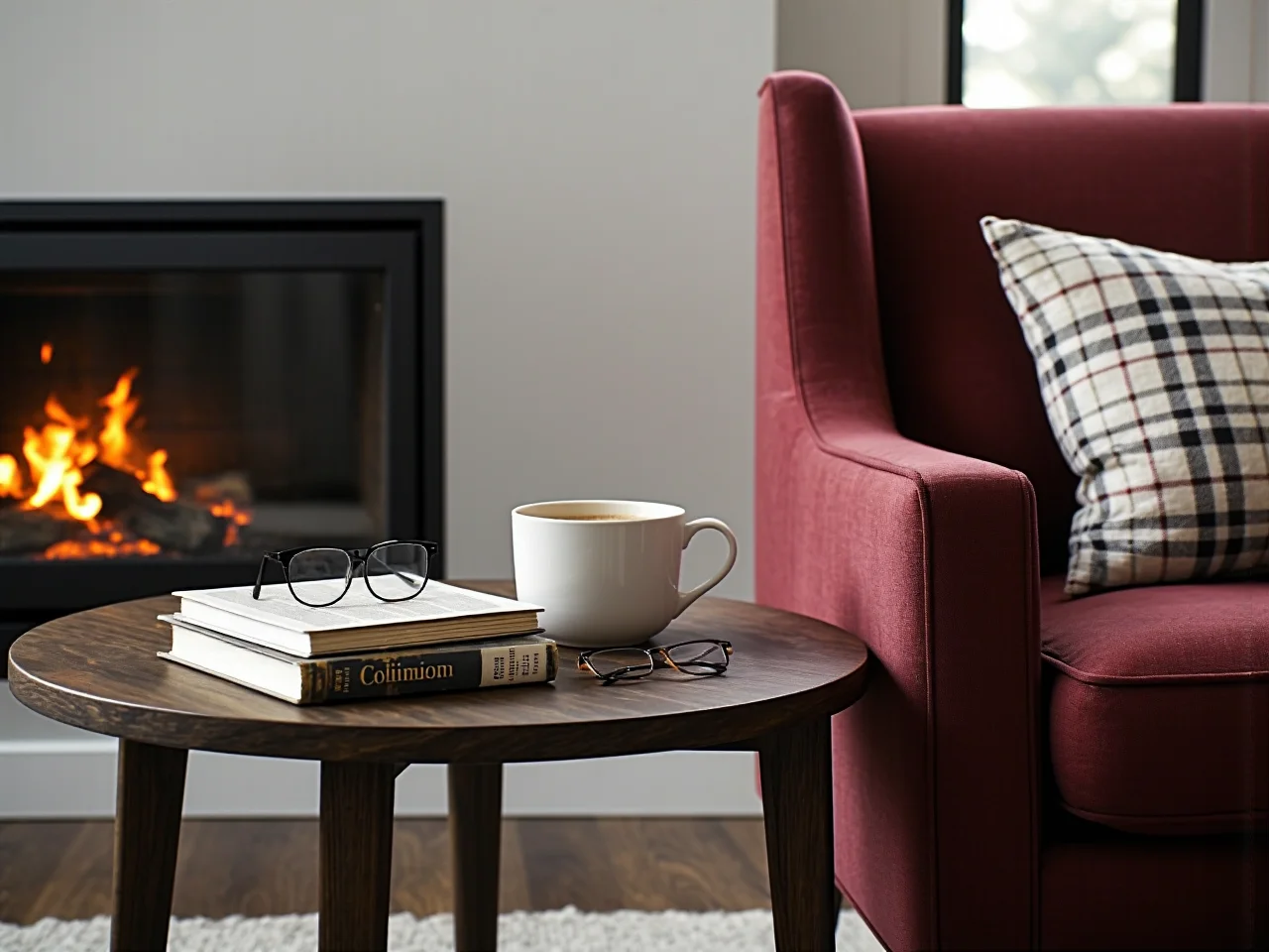 Nastrojowy jesienny wieczór w salonie z kubkiem herbaty i fotelem uszakiem w roli głównej