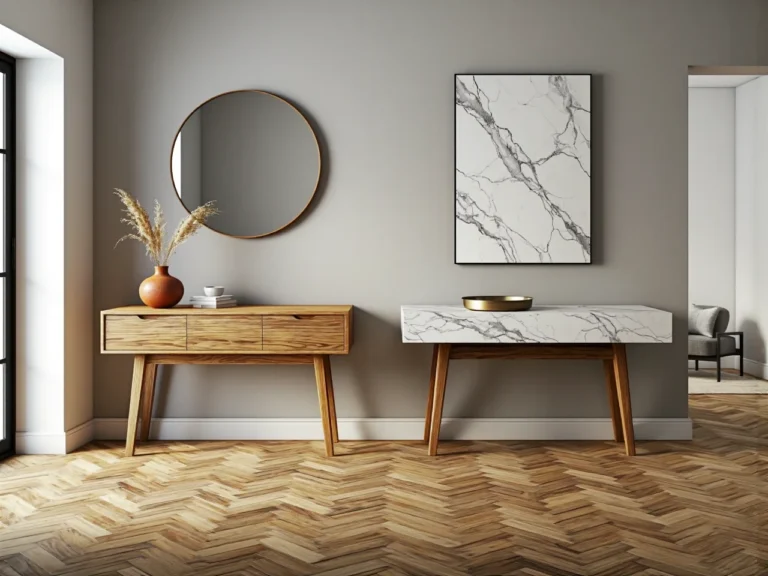 Dwie konsole na drewnianych nogach dąb i marmurowy blat