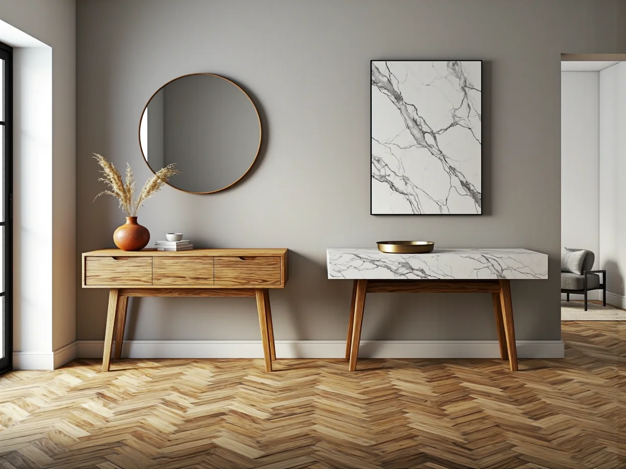 Dwie konsole na drewnianych nogach dąb i marmurowy blat