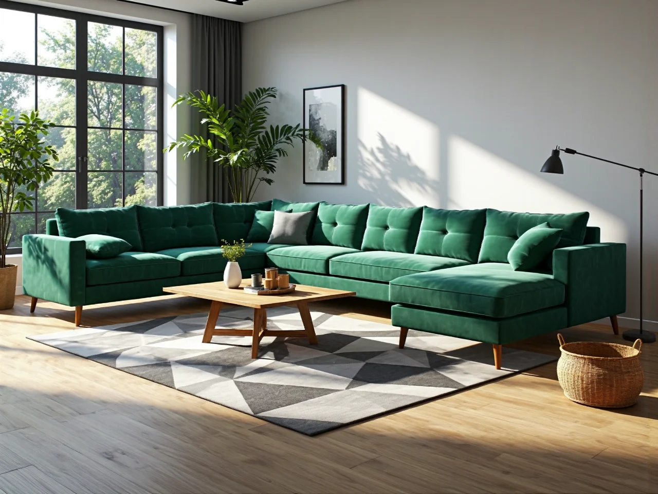 Narożnik zielony z pikowanymi oparciami na drewnianych nóżkach