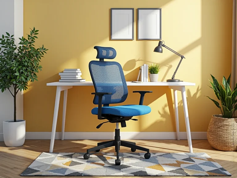 Niebieskie ergonomiczne krzesło biurowe z zagłówkiem i regulacją wysokości