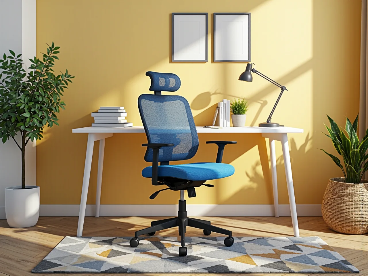 Niebieskie ergonomiczne krzesło biurowe z zagłówkiem i regulacją wysokości