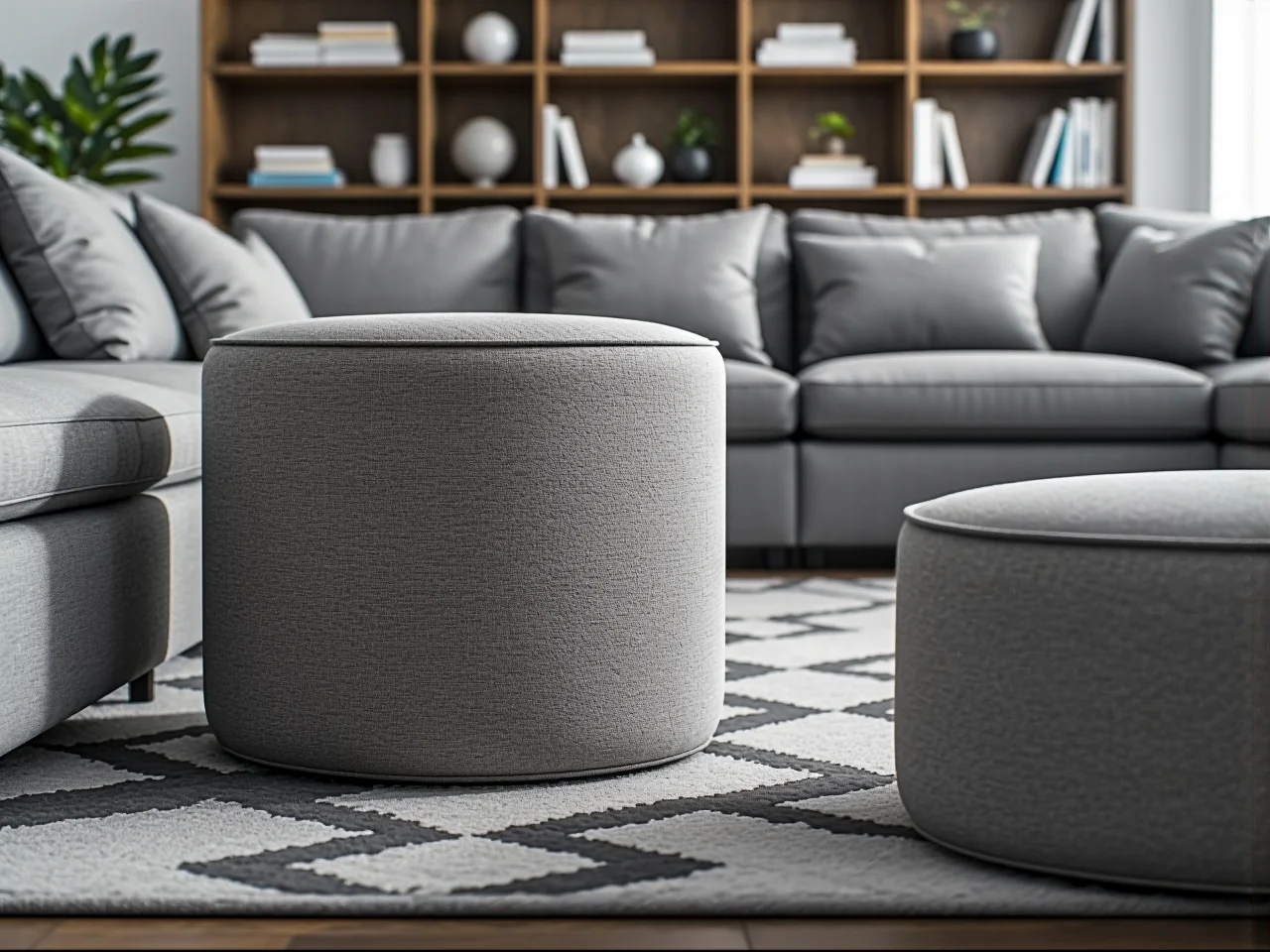 Okrągła pufa welurowa dopasowana rozmiarem do wysokości stolika kawowego i kanapy