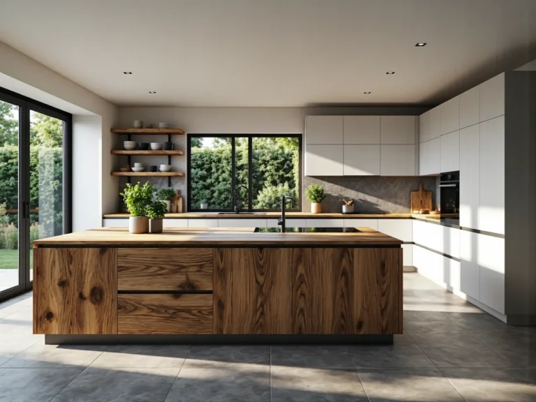 Kuchnia z litego drewna dębowego z białymi szafkami górnymi