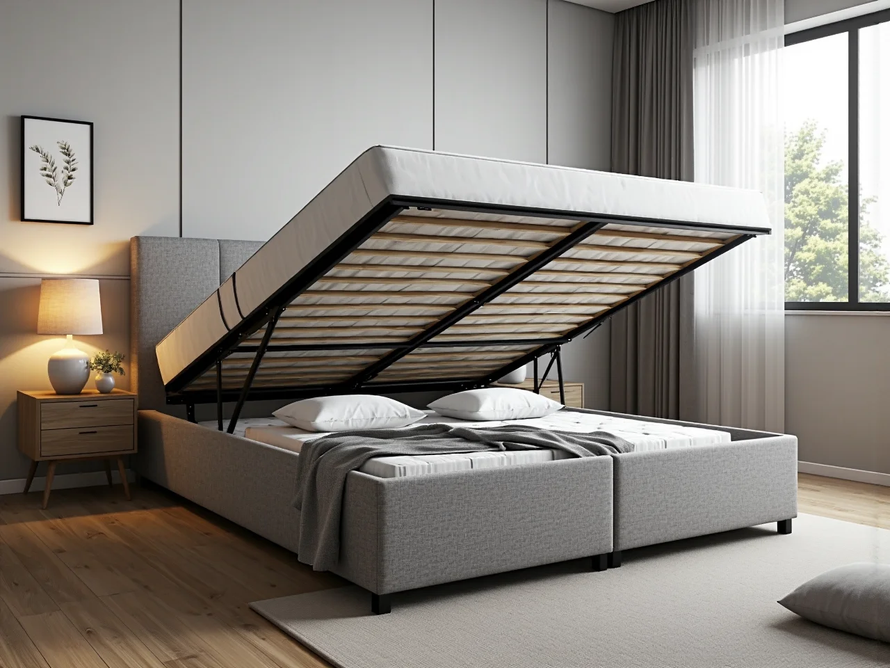 Tapicerowane łóżko szare z pojemnikiem i podnoszonym stelażem