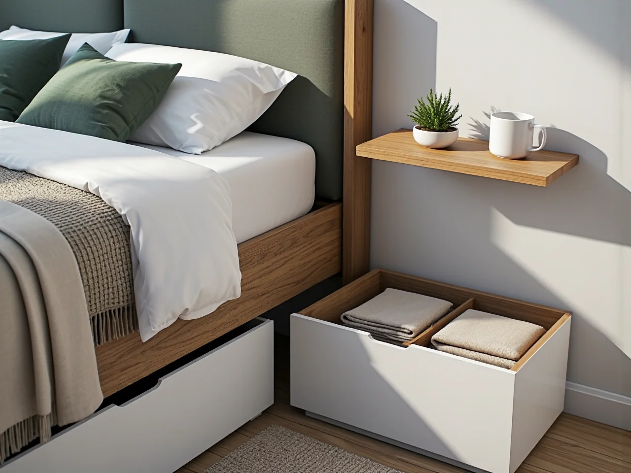 Stylowe łóżko z pojemnikiem na pościel idealne do małej sypialni o powierzchni 10m2.