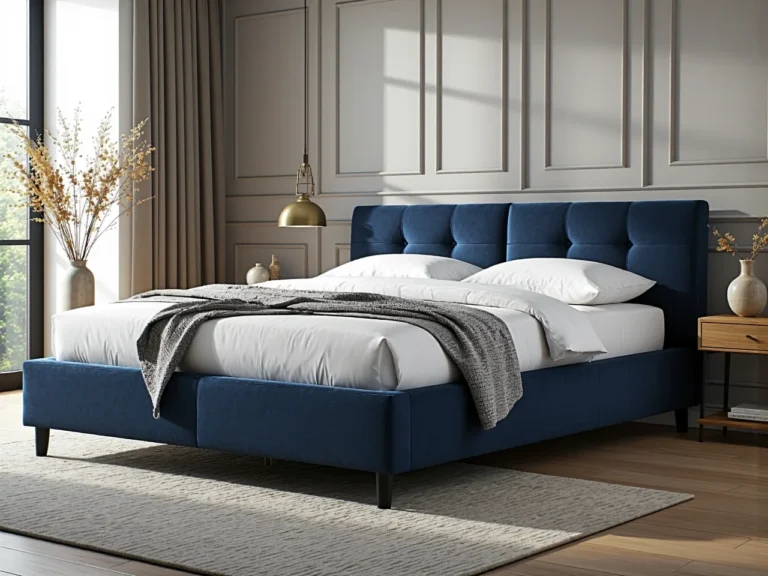 Tapicerowane łóżko granatowe z pikowanym zagłówkiem na nóżkach