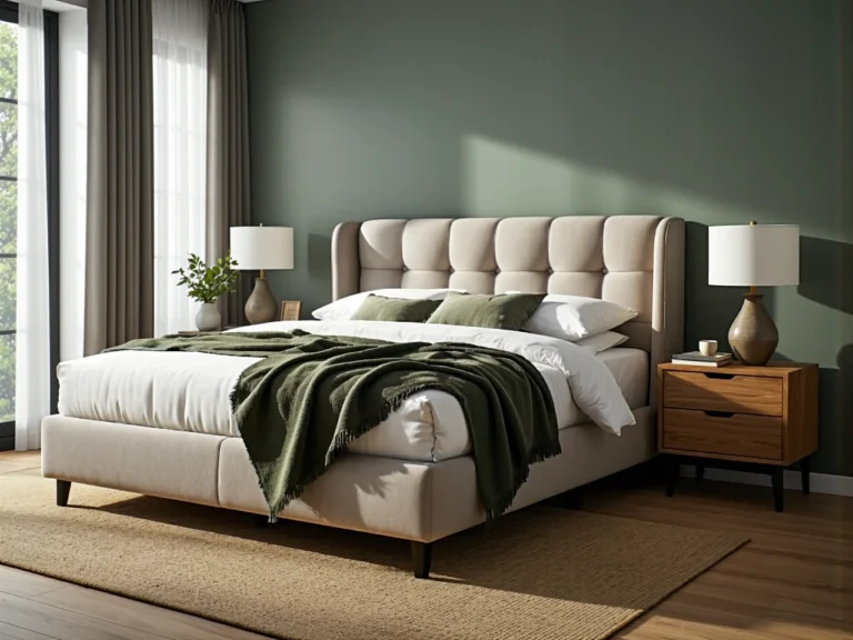 Tapicerowane łóżko beżowe z pikowanym zagłówkiem i drewnianymi nóżkami