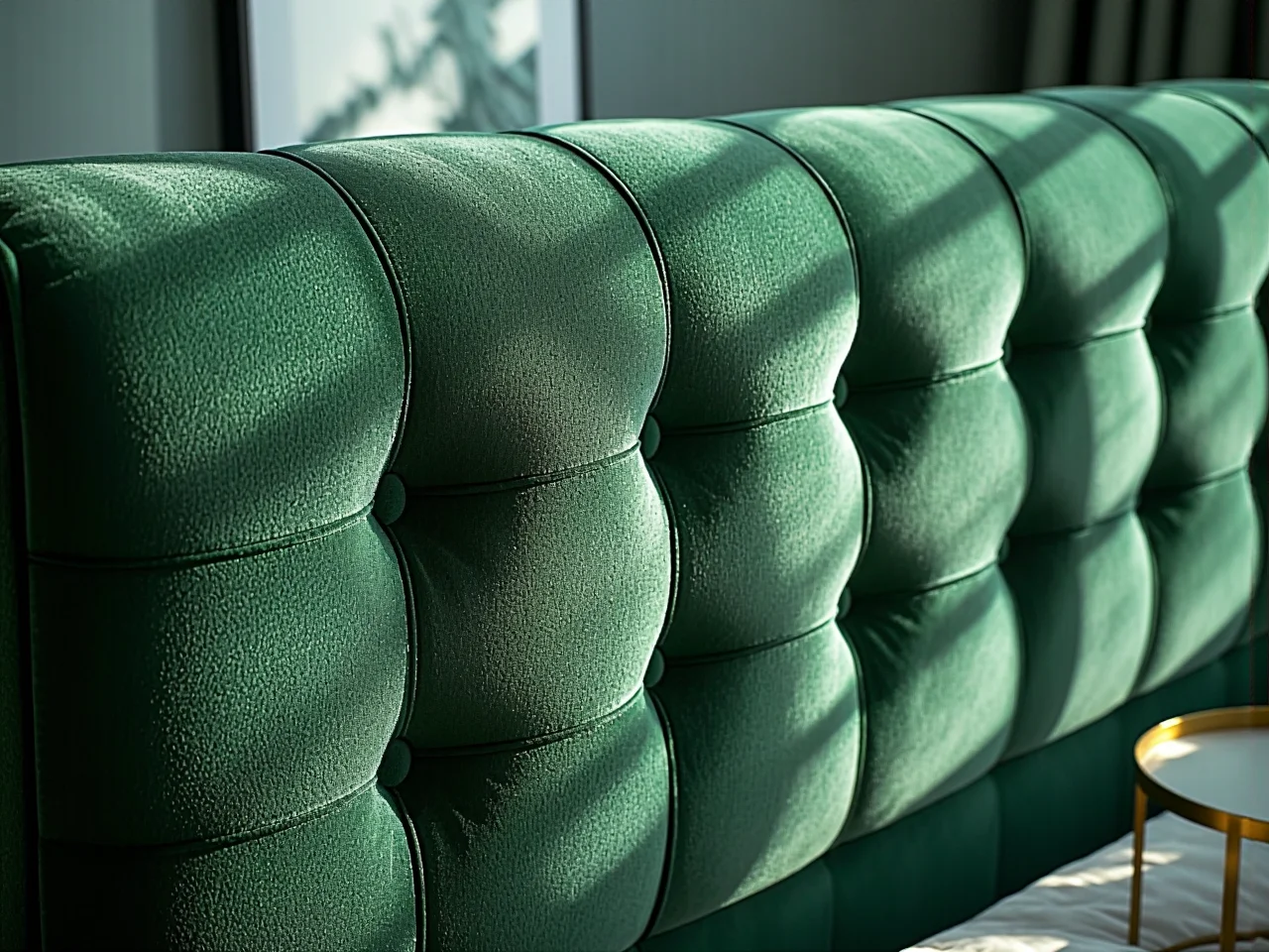 Wygodne łóżko tapicerowane szarym welurem z wysokim zagłówkiem, trudniejsze w czyszczeniu niż drewno.