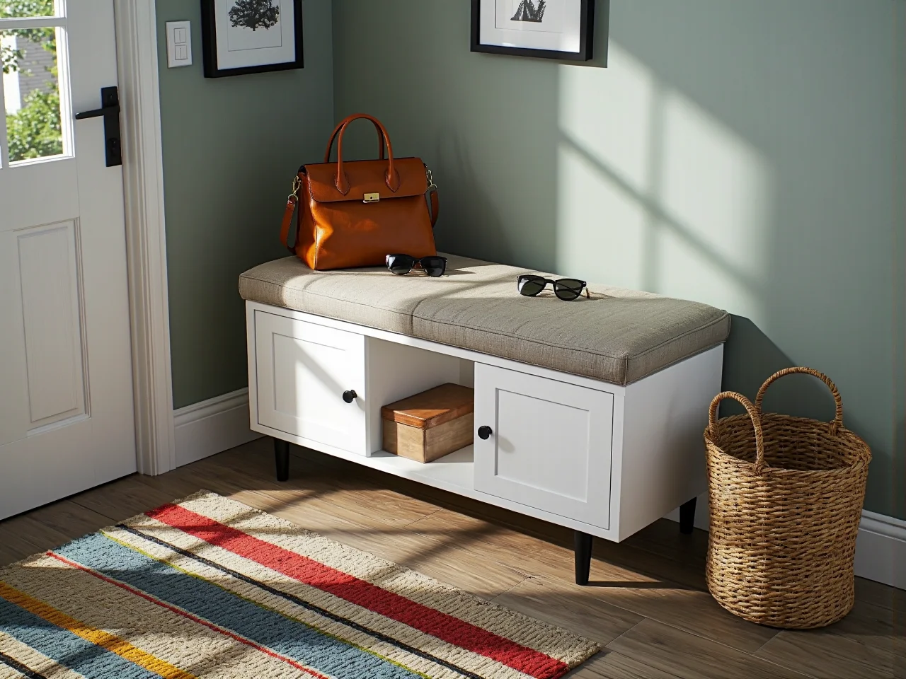 Kompaktowa ławka do wąskiego korytarza wykonana z trwałego metalu i drewna