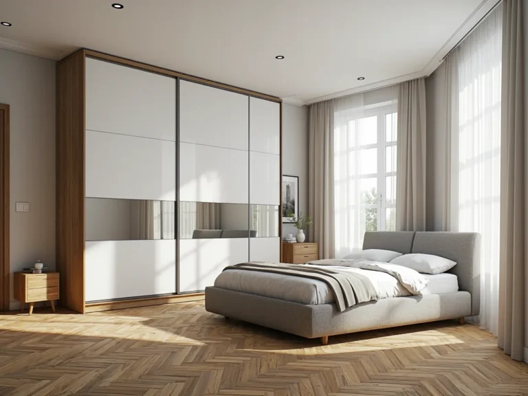 Biała szafa przesuwna z lustrzanym pasem i ramą dębową