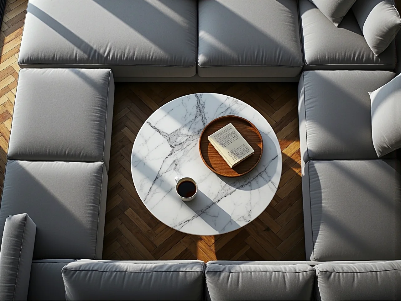 Aranżacja małego salonu ze stolikiem kawowym o optymalnych wymiarach zachowująca ciągi komunikacyjne