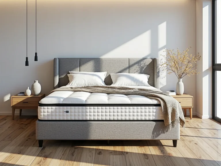 Gruby materac kieszeniowy biały z pikowaną nawierzchnią na łóżku tapicerowanym