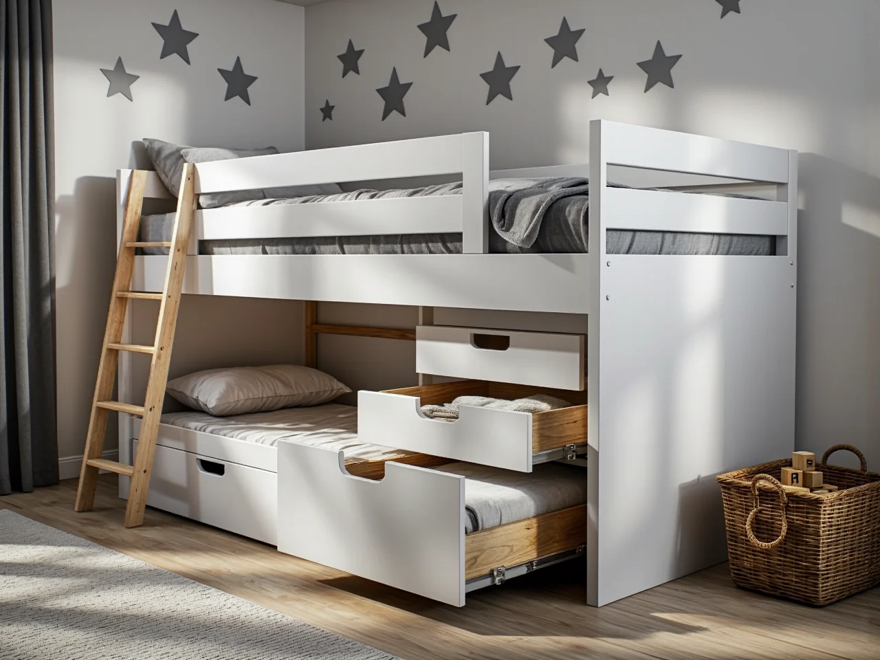 Zbliżenie na solidną, drewnianą ramę łóżka do pokoju dziecka, podkreślające jakość materiału.