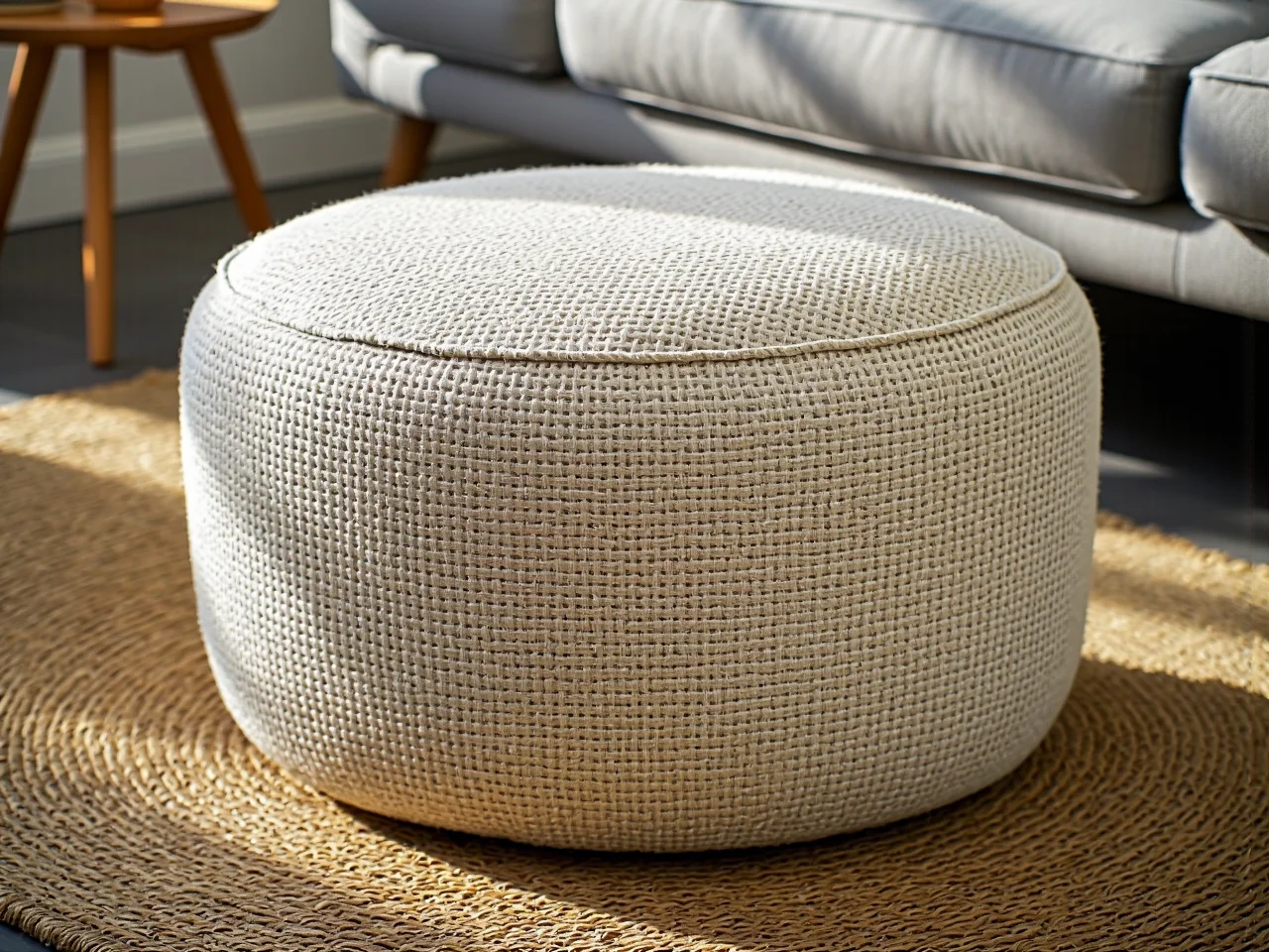 Zbliżenie na wytrzymały materiał obiciowy pufy gwarantujący łatwe czyszczenie i trwałość