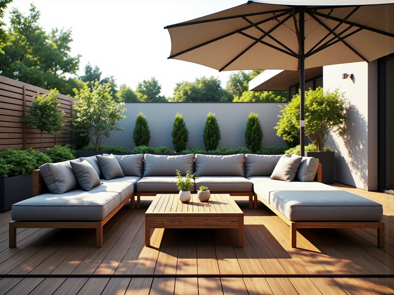 Narożny zestaw wypoczynkowy ogrodowy drewniany z szarymi poduszkami