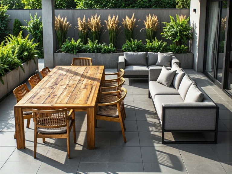 Zestaw mebli ogrodowych tekowy stół z krzesłami i aluminiowa sofa