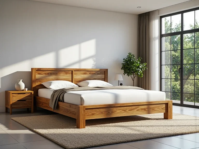 Łóżko drewniane dąb craft z wysokim zagłówkiem i masywną ramą