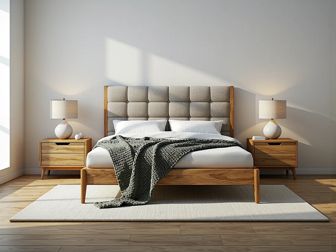 Nowoczesne łóżko dębowe z tapicerowanym szarym zagłówkiem pikowanym