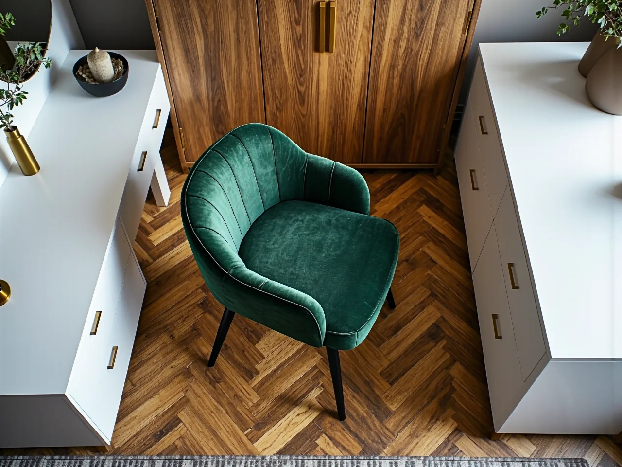 Rzut z góry pokazujący ile miejsca potrzeba na swobodne odsunięcie krzesła od toaletki.