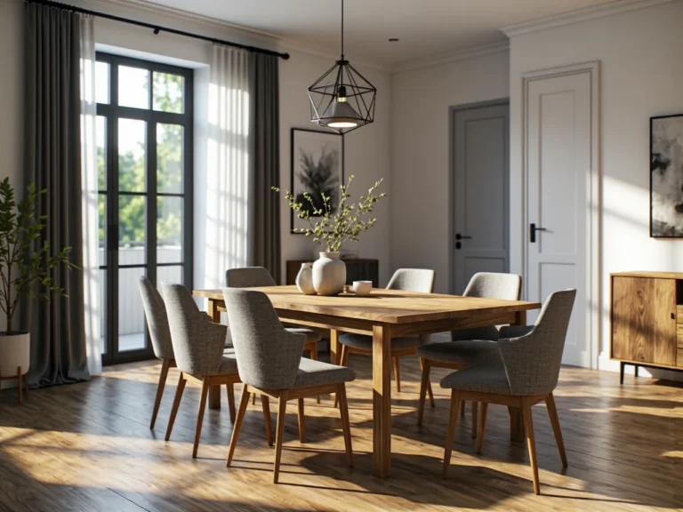 Prostokątny stół jadalniany dębowy z sześcioma tapicerowanymi krzesłami