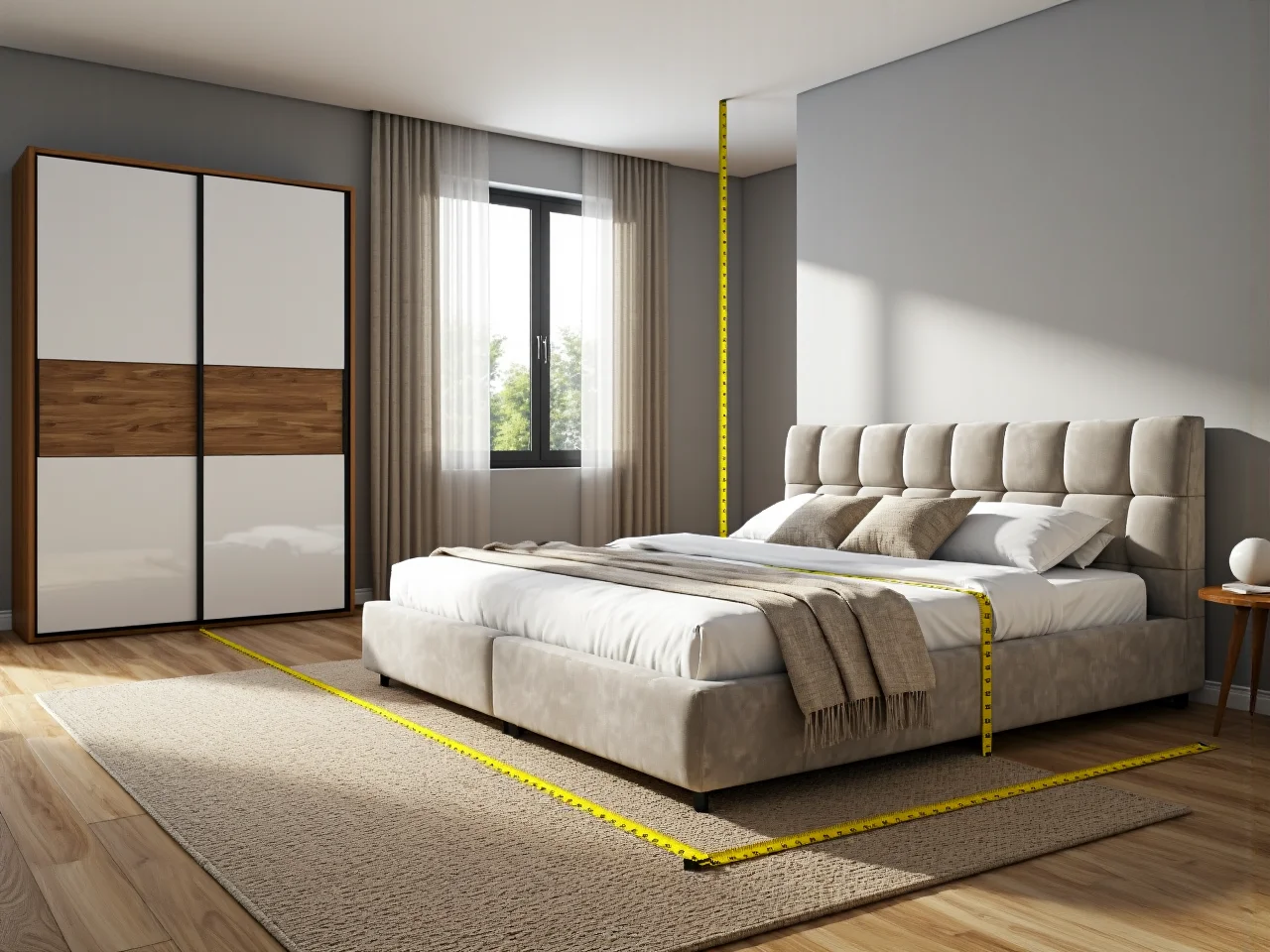 Łóżko tapicerowane beżowe z pikowanym zagłówkiem i miarką