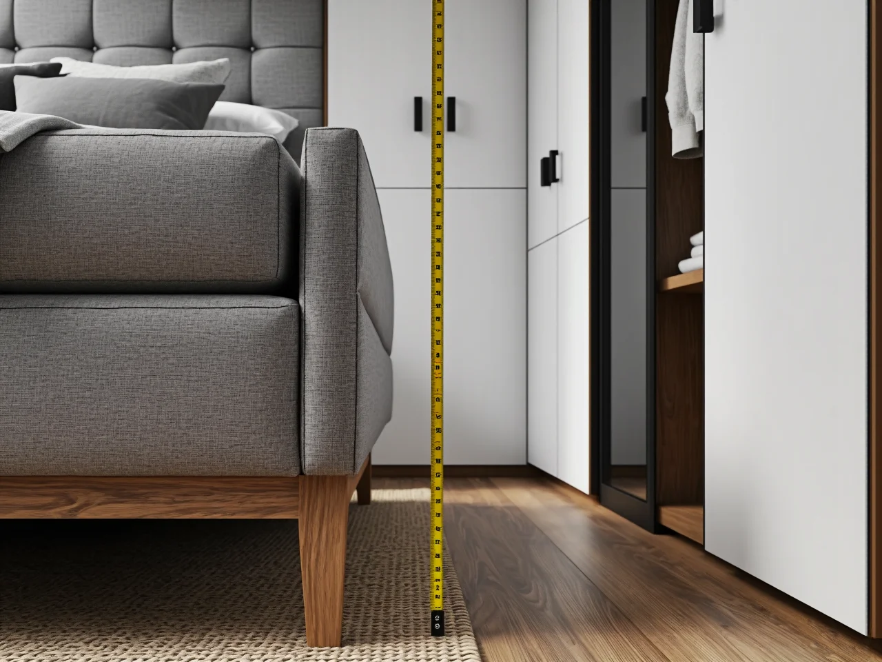 Sprawdzanie dostępnej powierzchni na podłodze miarką przed wyborem rozmiaru materaca