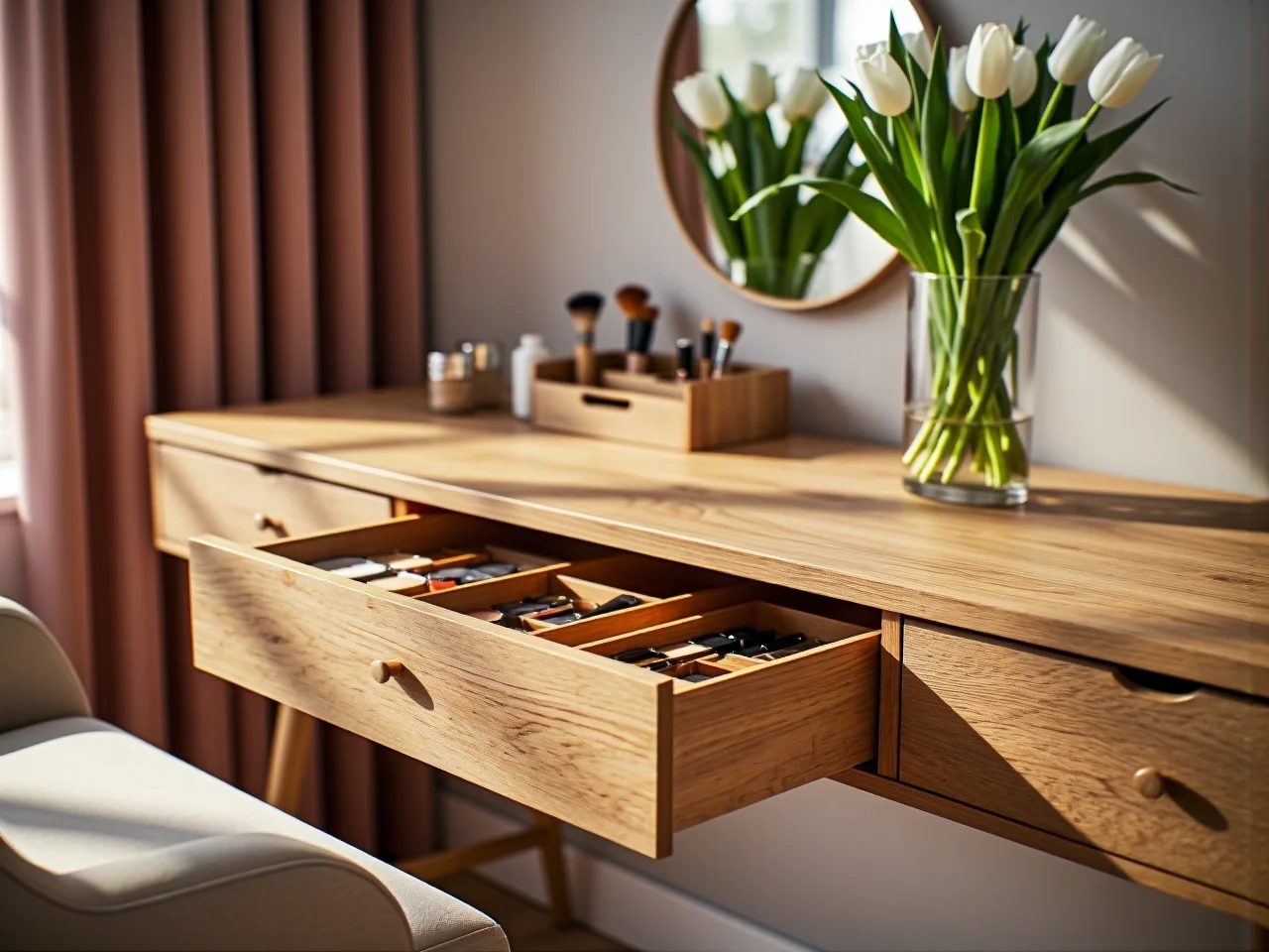 Nowoczesna toaletka o minimalnej głębokości idealna do małych sypialni i wąskich przejść.