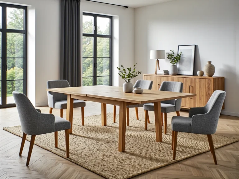 Drewniany stół jadalniany dąb naturalny z tapicerowanymi krzesłami