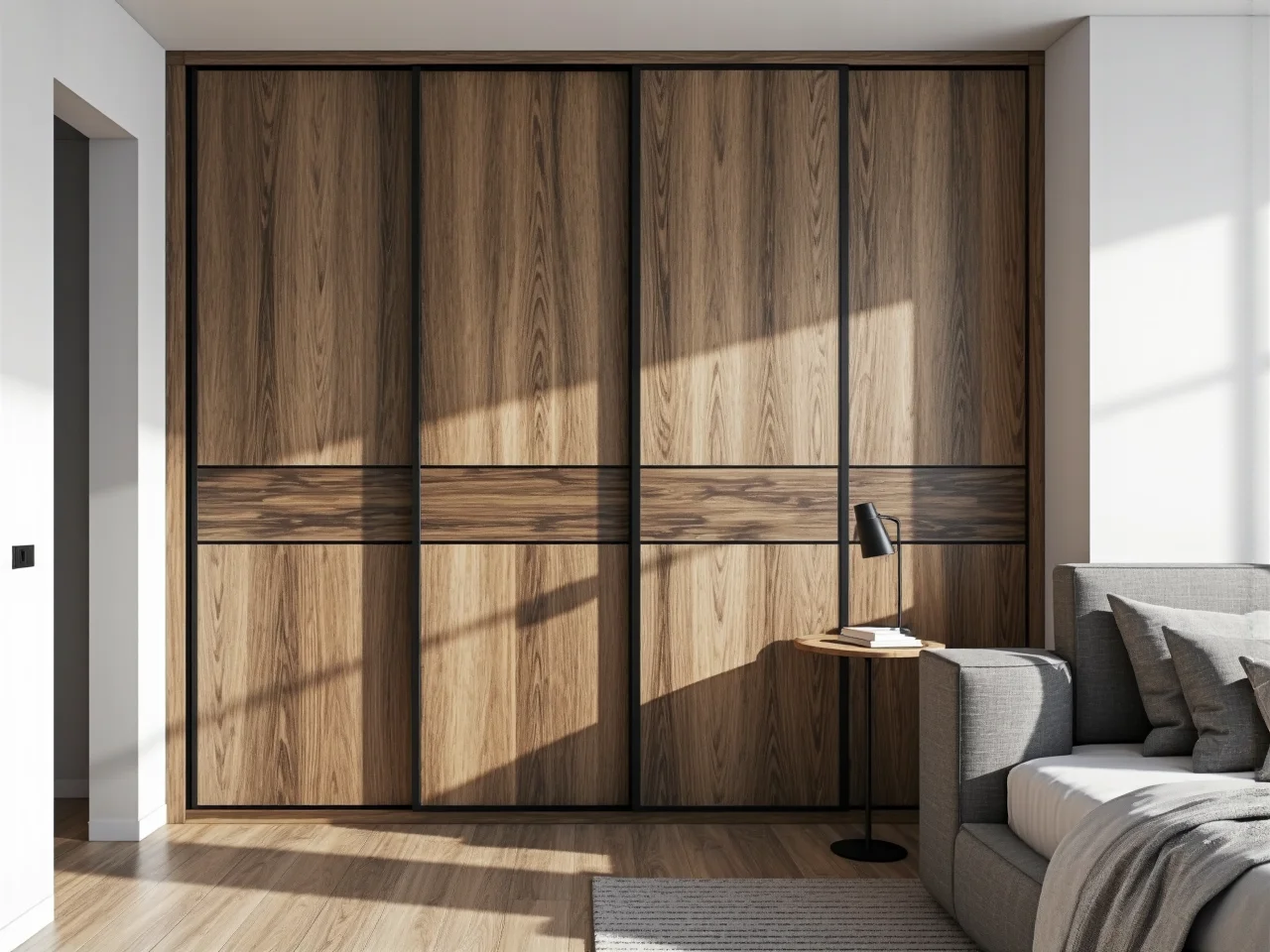 Funkcjonalna sypialnia pokazująca minimalne odstępy potrzebne między łóżkiem a szafą ubraniową.