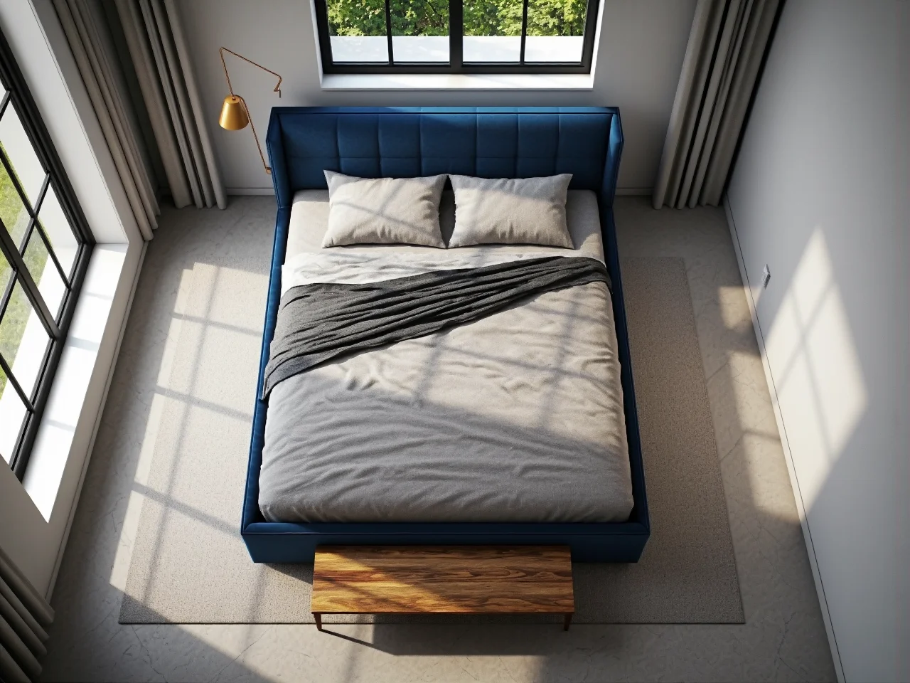 Wygodne przejście obok łóżka tapicerowanego w małej sypialni zapewniające swobodę ruchu domownikom