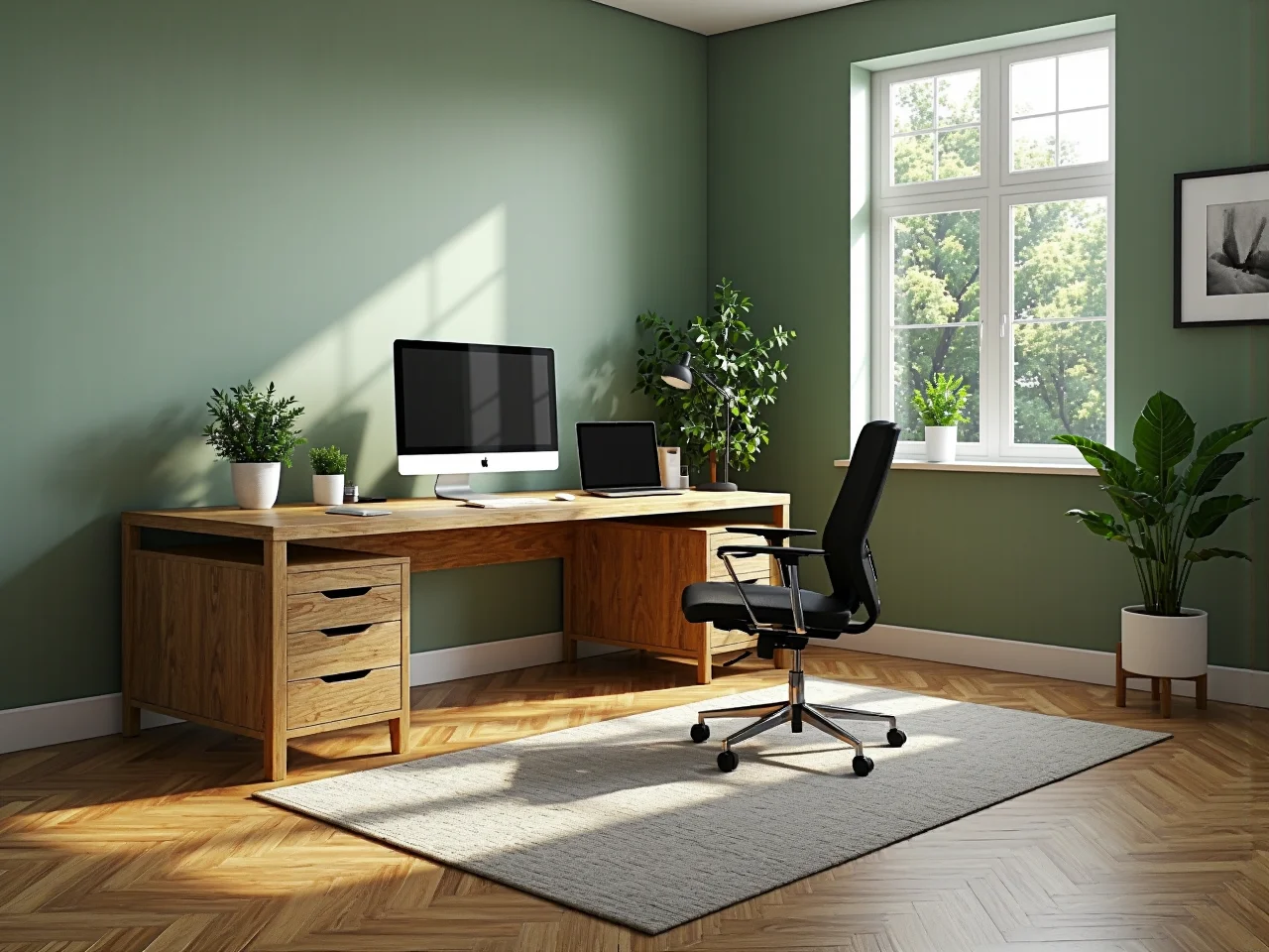 Narożne biurko dębowe z szufladami i obszernym blatem roboczym
