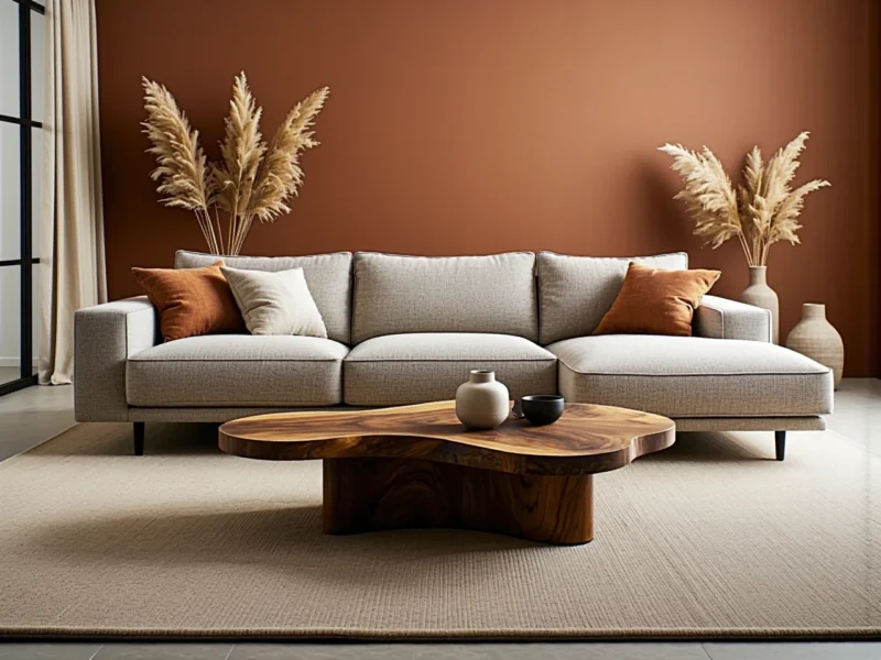 Szara sofa trzyosobowa z poduszkami i drewniany stolik kawowy