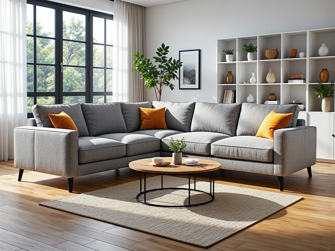 Narożnik tapicerowany szary z poduszkami na czarnych nóżkach