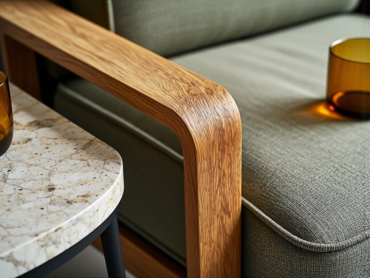 Stół i krzesła wykonane z naturalnych materiałów, drewna i kamienia, wpisujące się w eko trendy 2026.