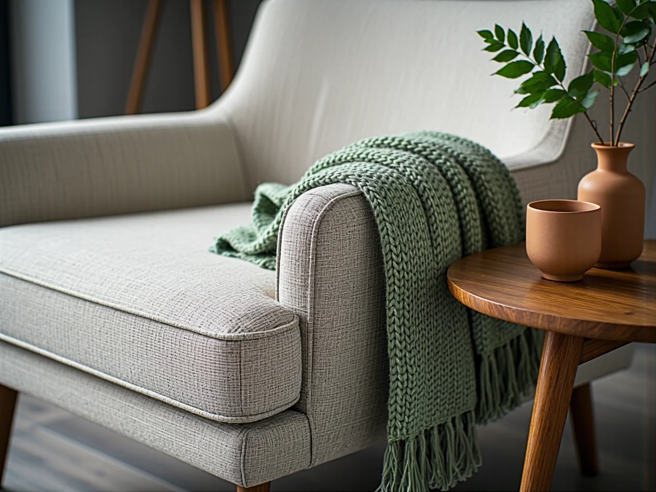 Jasny salon z nowymi lekkimi zasłonami i świeżymi kwiatami wprowadzającymi wiosenny klimat