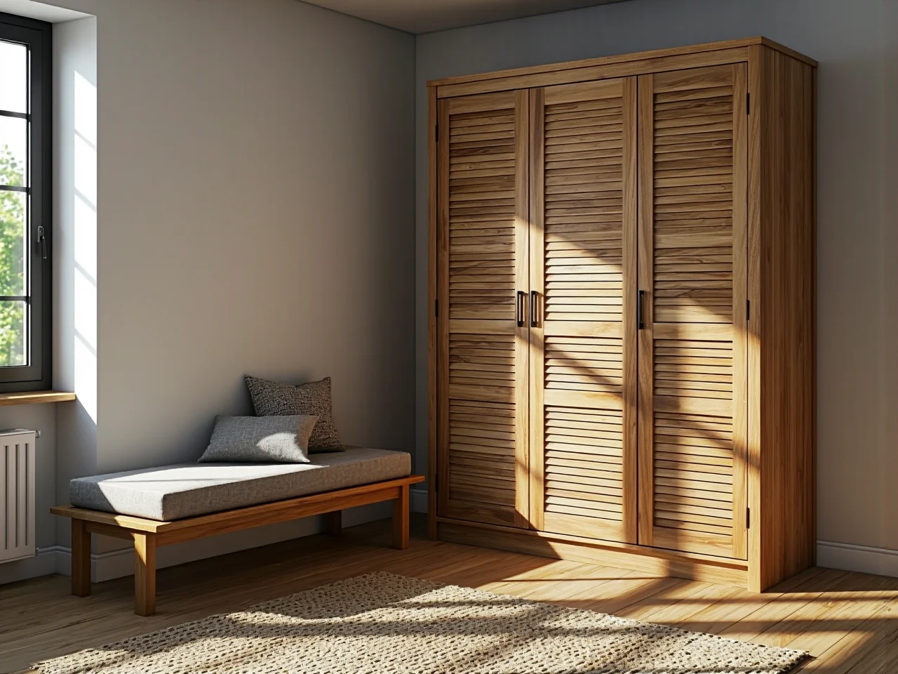 Stylowa aranżacja sypialni wyposażonej w komplet trwałych mebli z naturalnego drewna