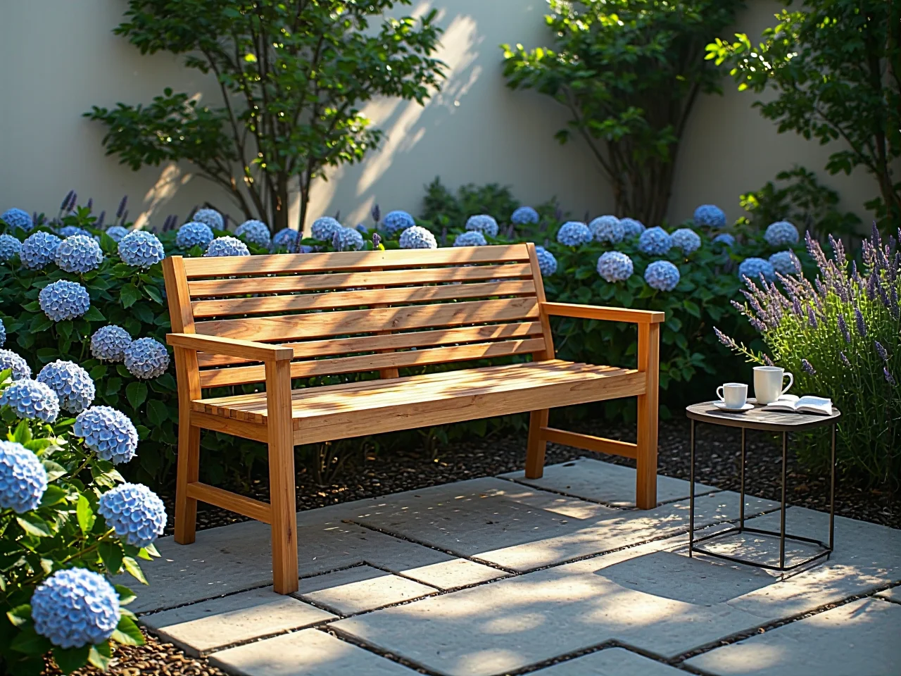 Nowoczesna ławka ogrodowa drewniana z podłokietnikami i listewkami