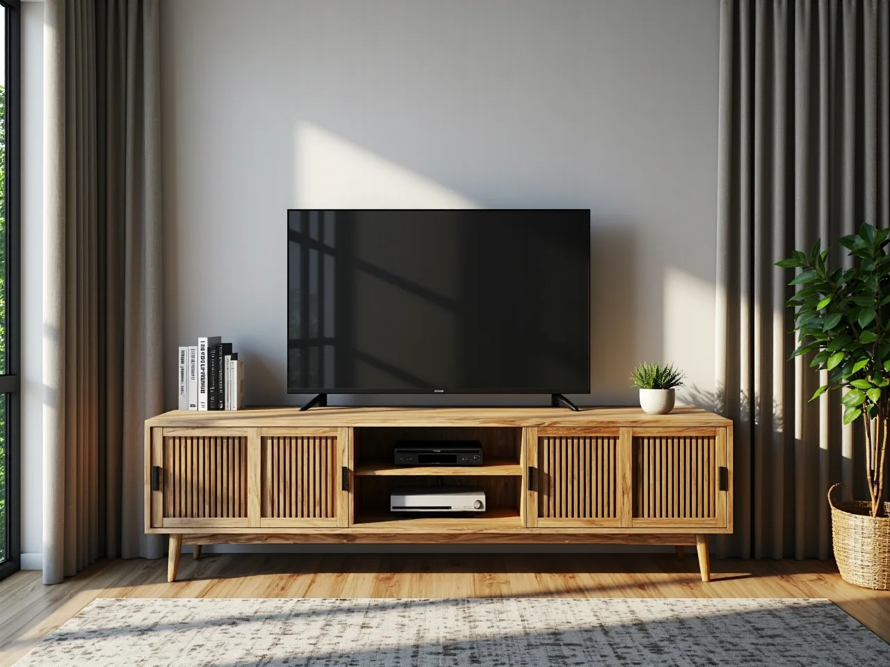 Nowoczesna szafka RTV idealnie dopasowana stylem i kolorem do aranżacji pokoju dziennego