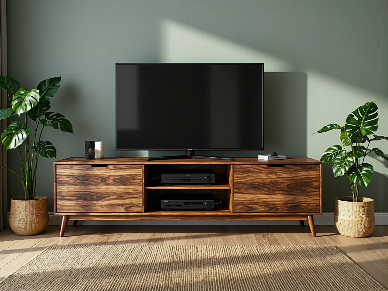 Niska szafka RTV orzech z otwartymi półkami na sprzęt