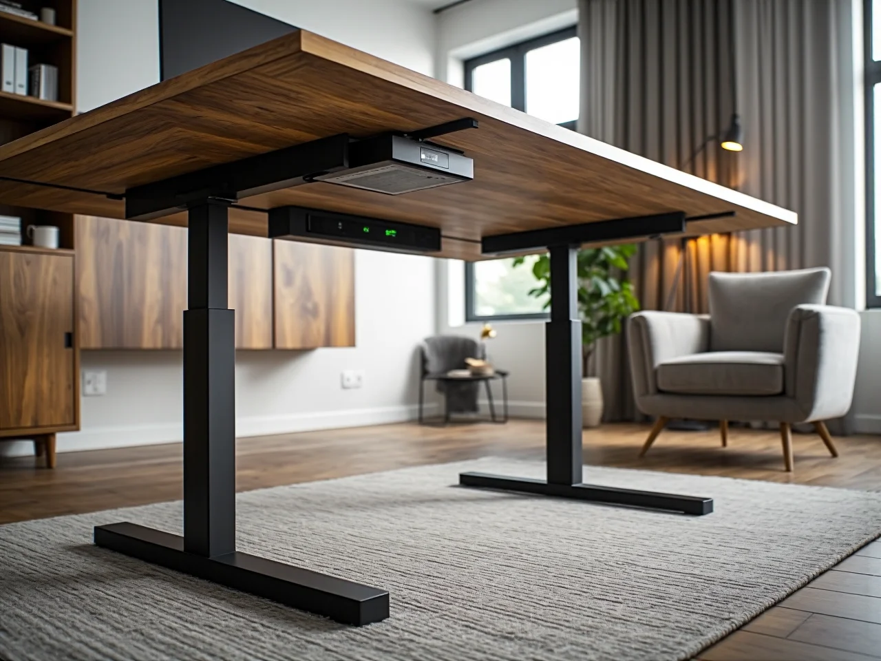 Inspiracja na domowe biuro z dużym, nowoczesnym biurkiem i ergonomicznym krzesłem.