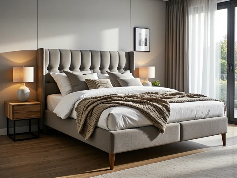 Tapicerowane łóżko szare z pikowanym zagłówkiem na drewnianych nóżkach