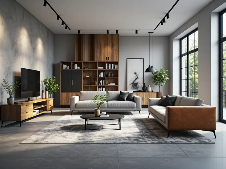 Nowoczesna meblościanka orzech z otwartymi półkami i szafkami