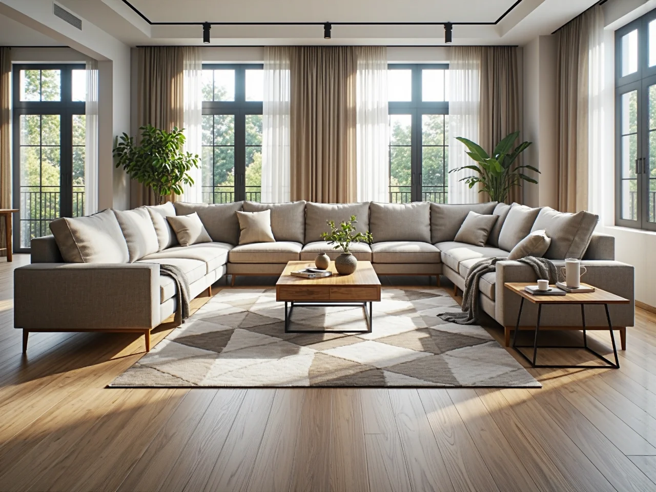 Stolik kawowy dębowy z szufladą przy narożniku beżowym