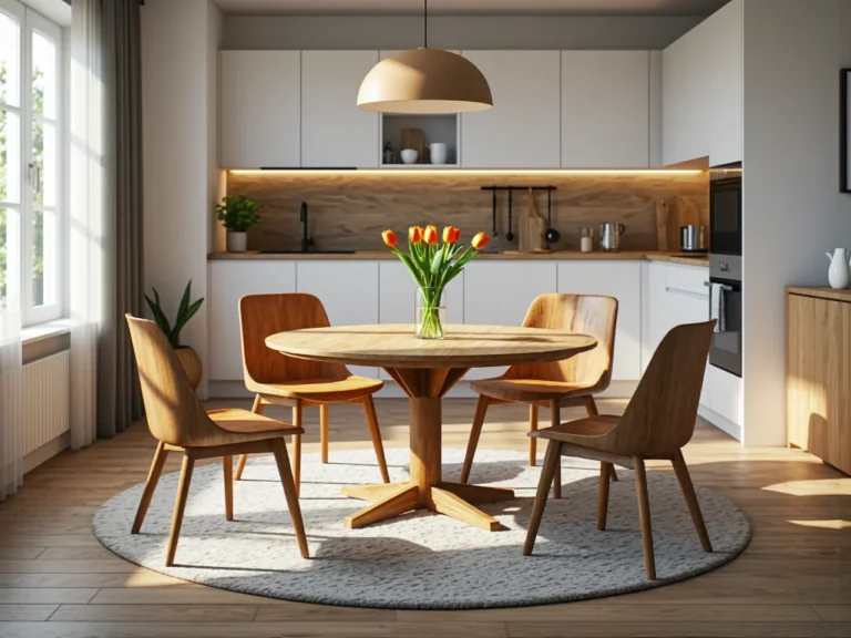 Okrągły stół jadalniany dębowy z centralną nogą i krzesłami