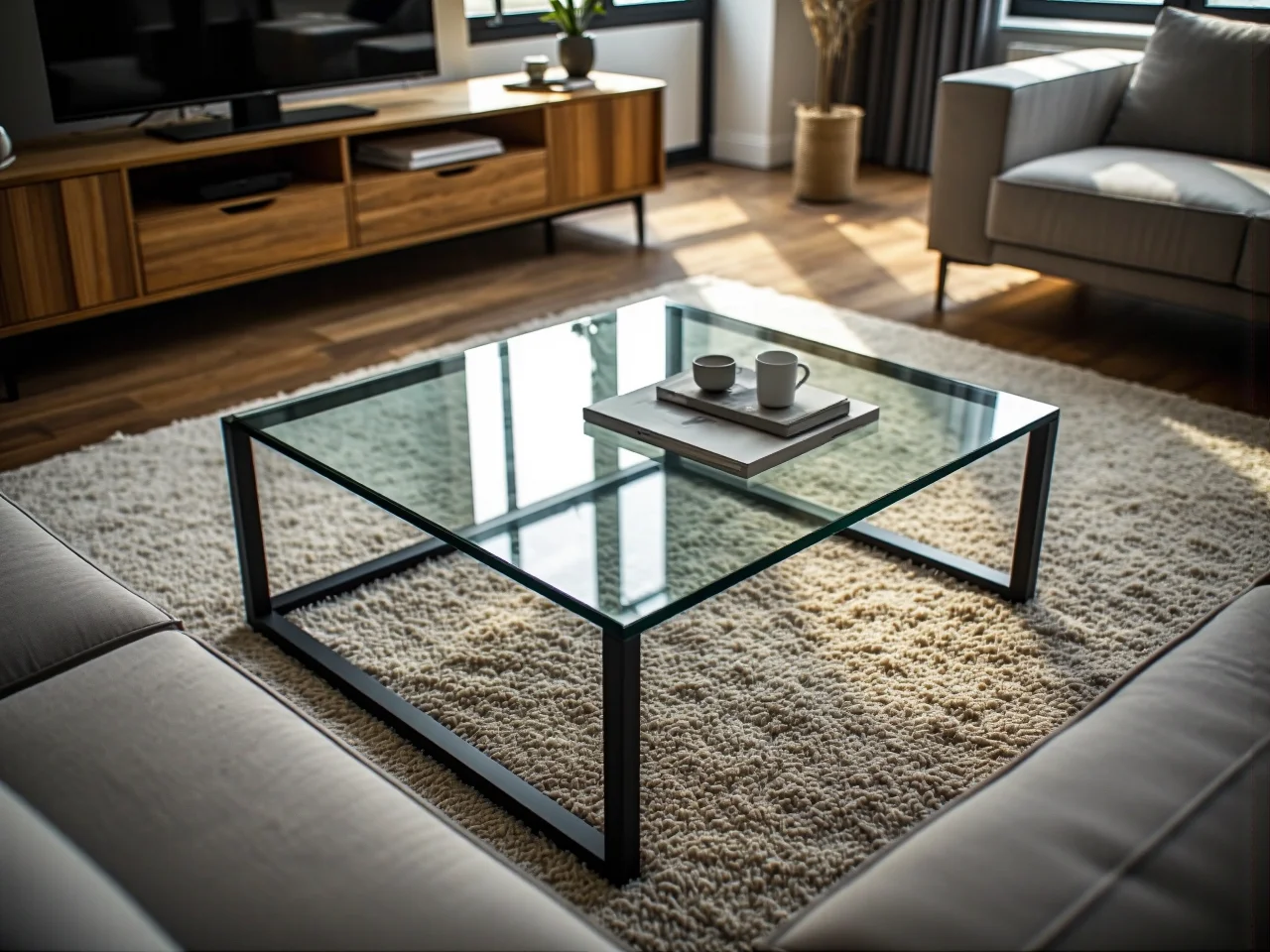 Nowoczesny okrągły stolik kawowy w salonie i wymagana wolna przestrzeń wokół mebla